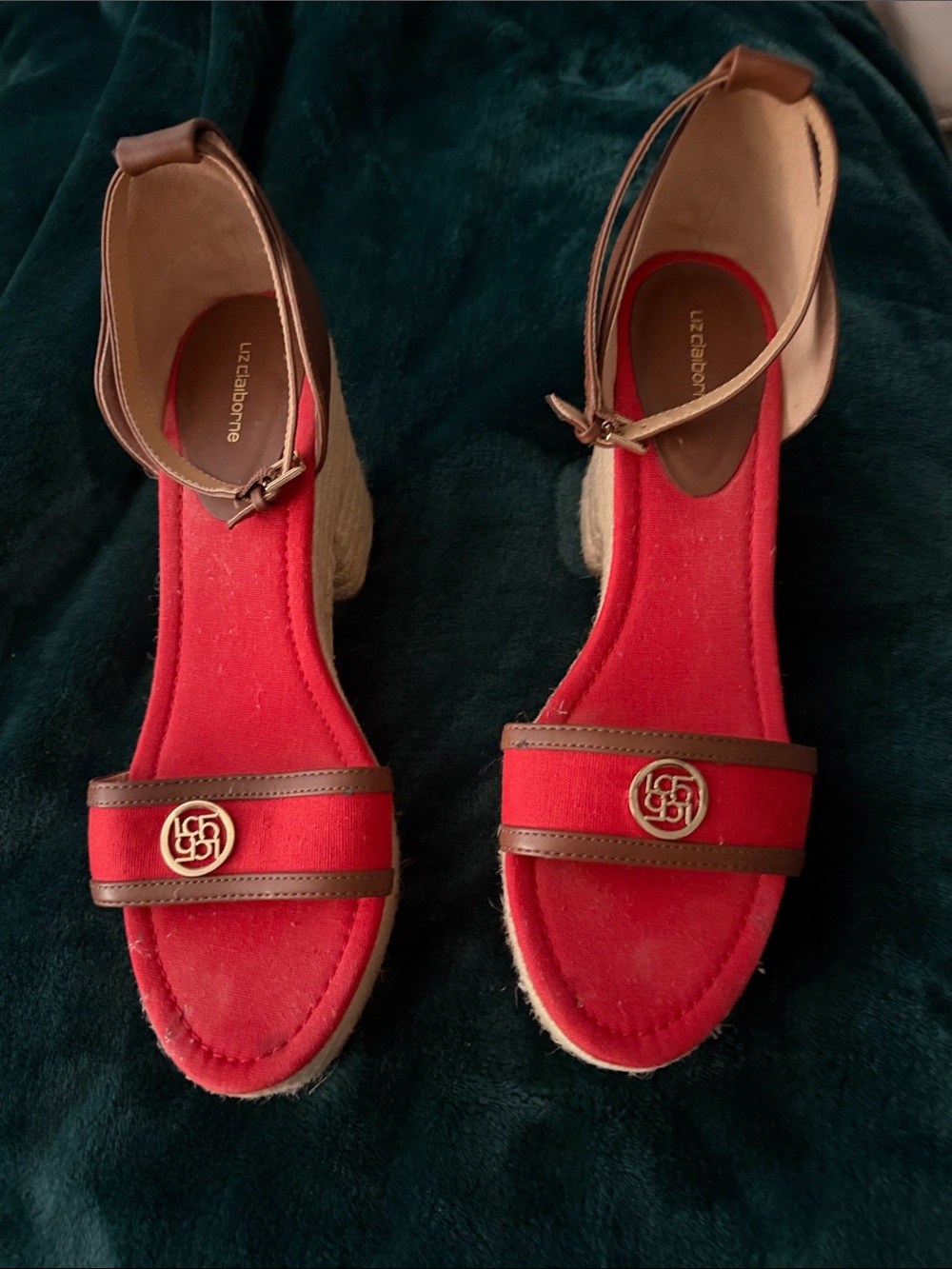 Liz Claiborne Red and Brown Espadrille Wedge Sandals